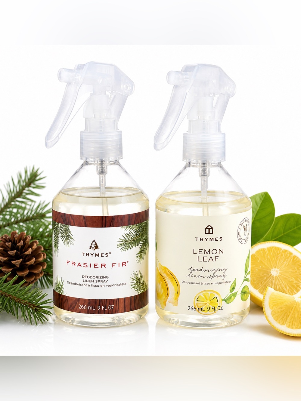 Thymes Frasier Fir & Lemon Leaf Deodorizing Linen Spray Set 9 oz Each